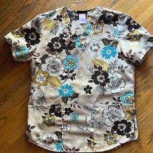 Cherokee Vneck tie waist turquoise/brown /beige 2 pocket scrub S